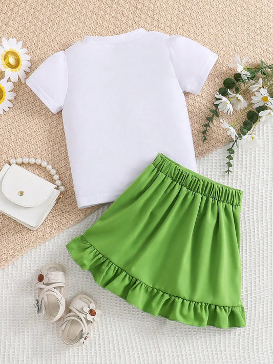 2-piece girls spring/summer fashion cute outdoor casual clothing white knit round neck Daisy print T-shirt + green pleated skirt