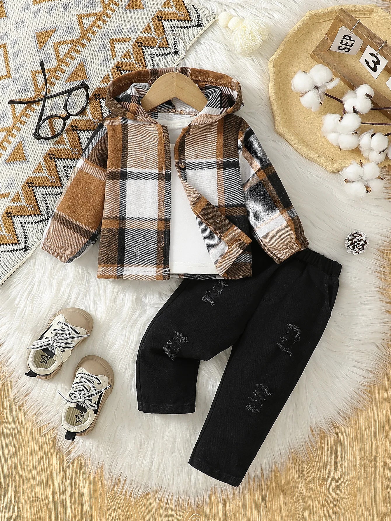 Ensemble d’automne bébé garçon 2 pièces – Veste à capuche à carreaux & pantalon confortable (6 à 36 mois)