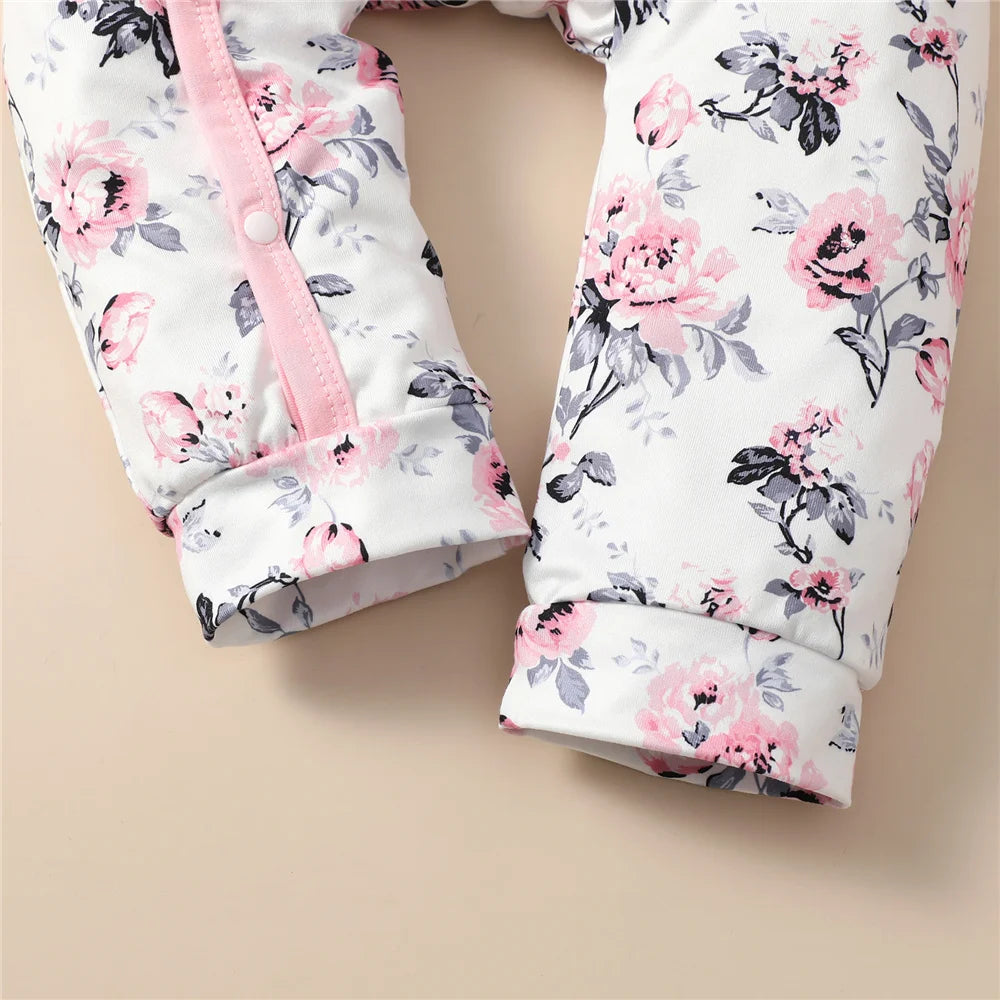 Grenouillère Bébé Fille Fleurie – Manches Longues, Nœud Chic | 0–18 Mois