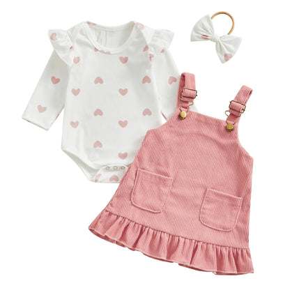 Ensemble bébé fille automne 3 pièces – Barboteuse, robe à bretelles & bandeau assorti (0 à 24 mois)