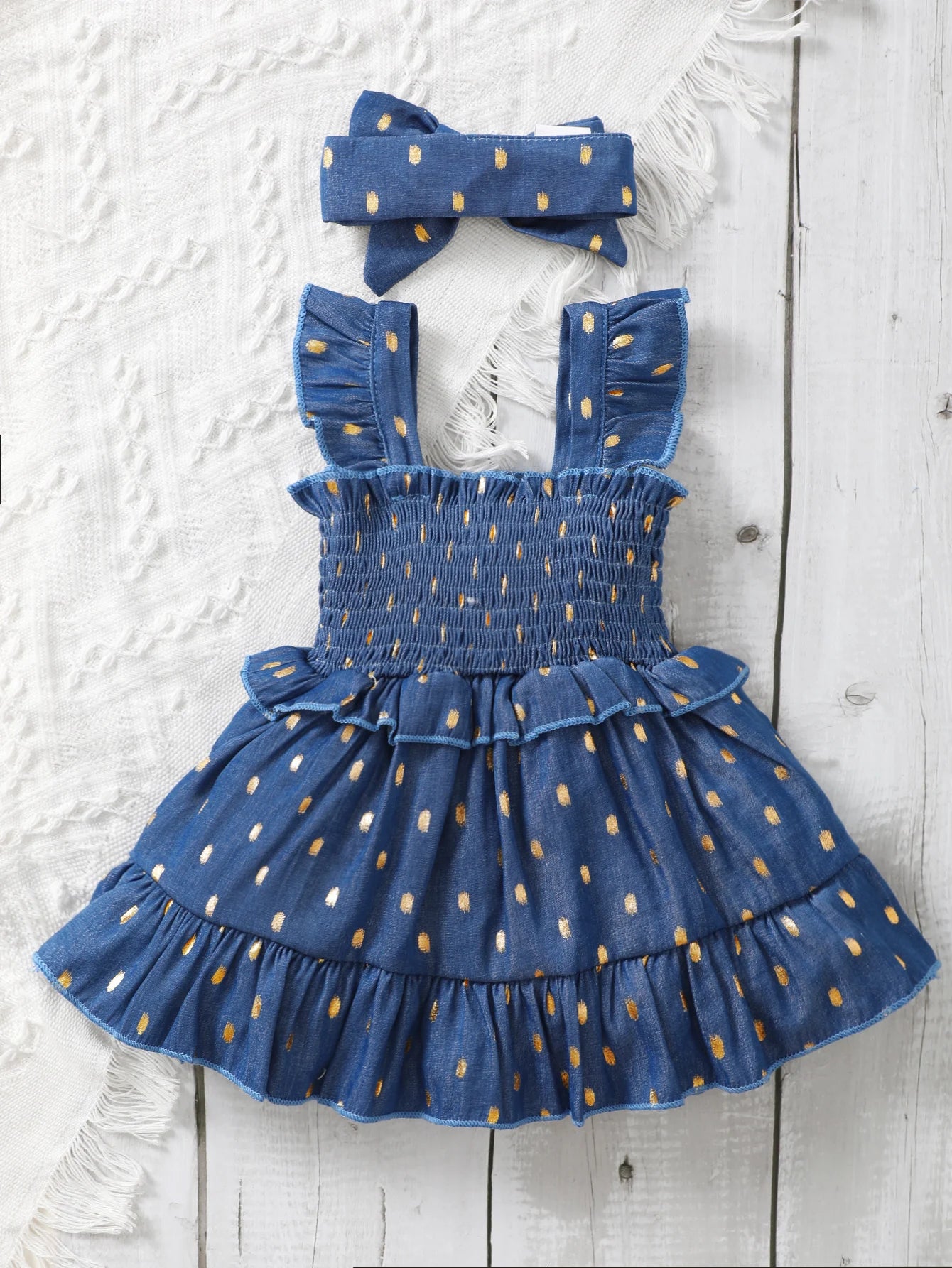 Robe bébé fille bleue à pois dorés – Tenue princesse élégante (3 à 24 mois)