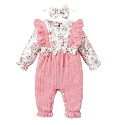 Ensemble Bébé Fille 2 Pièces – Barboteuse Fleurie Manches Longues + Bandeau Nœud (0–18 mois)