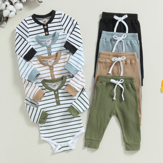 Ensemble bébé garçon automne 2 pièces – Barboteuse rayée & pantalon confortable (0 à 24 mois)