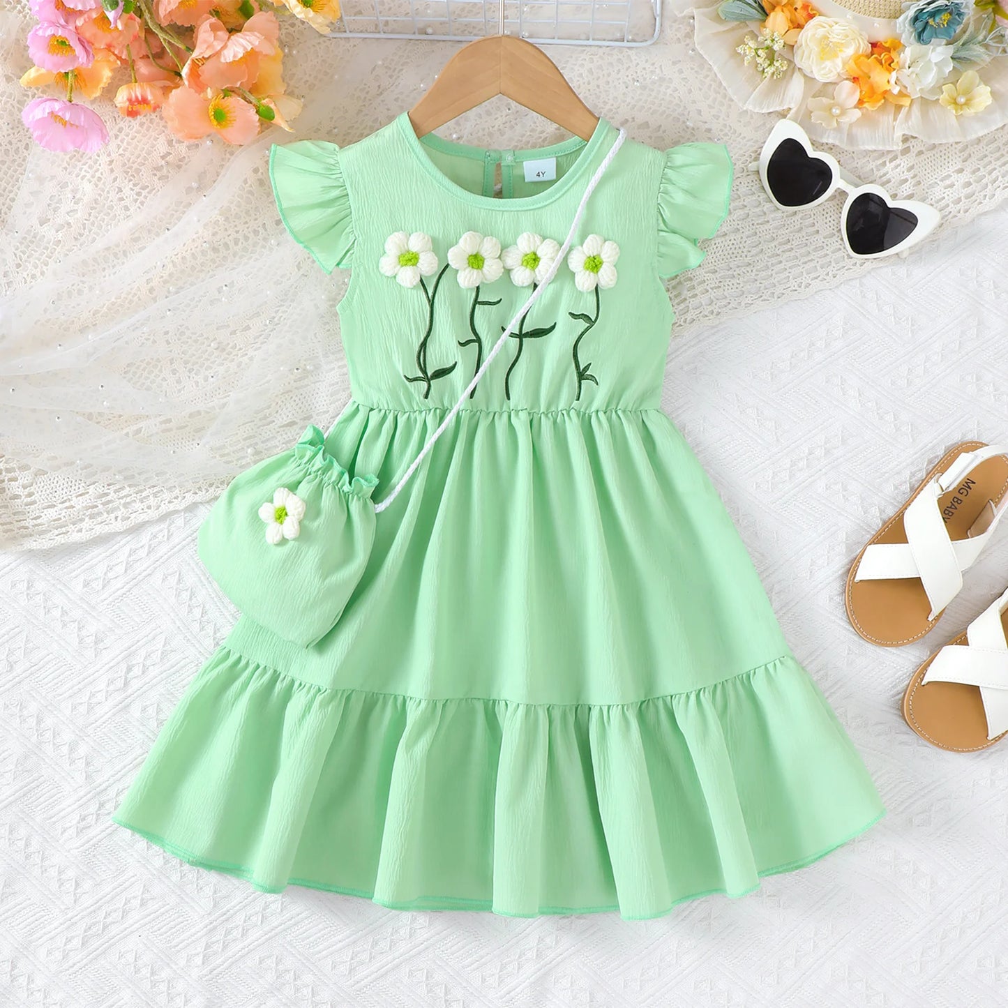 Robe Menthe Fleurie + Mini Sac – Tenue Princesse (Fille)