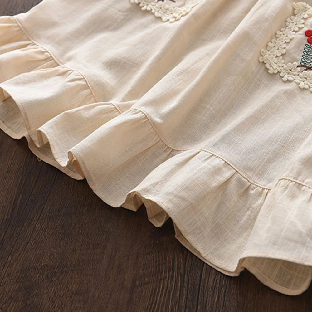 Robe Vintage Brodée Fleurie – Beige Crème (Fille)