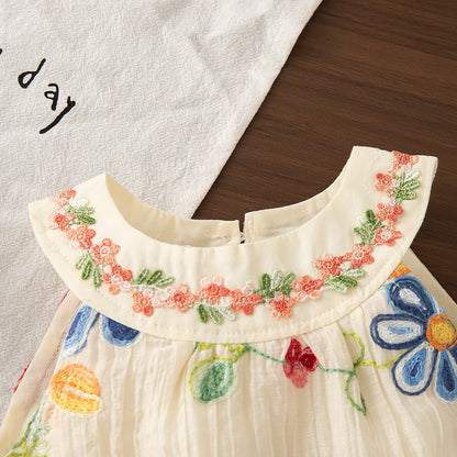 Robe d’été bébé fille beige – Broderies florales, col en coton doux