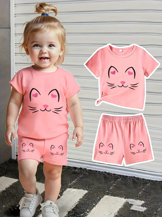 Ensemble Bébé Fille “Petit Chat” – T-shirt & Short Rose (1–3 ans)