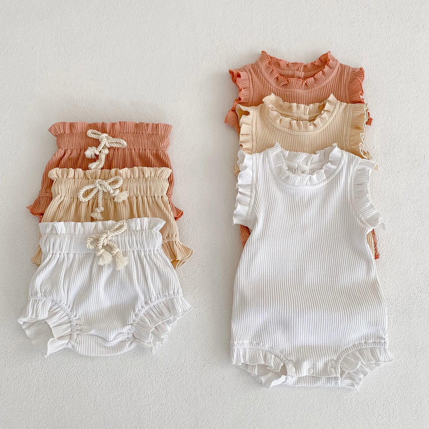 Ensemble bébé fille été 2 pièces – Body à volants 100 % coton & bloomer assorti