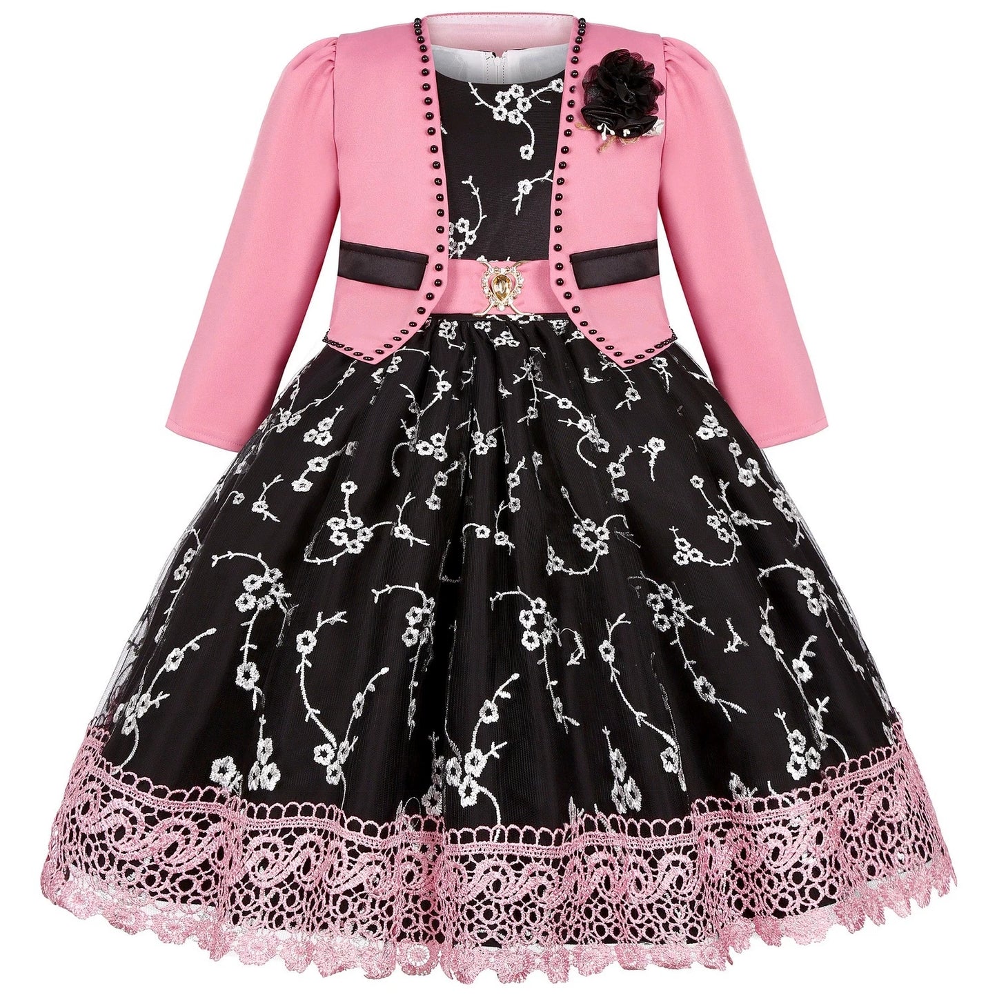 Robe Princesse Fille 2 Pièces (Robe + Veste) – Noir & Rose | Cérémonie, Anniversaire, Piano (5–14 ans)