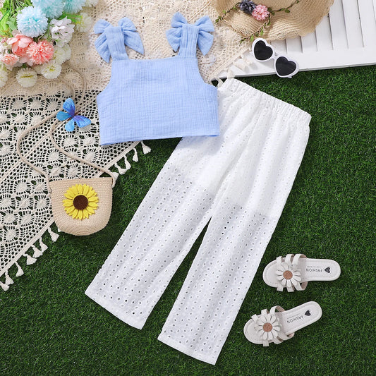 Ensemble Bébé Chic – Haut Bleu Ciel & Pantalon Blanc