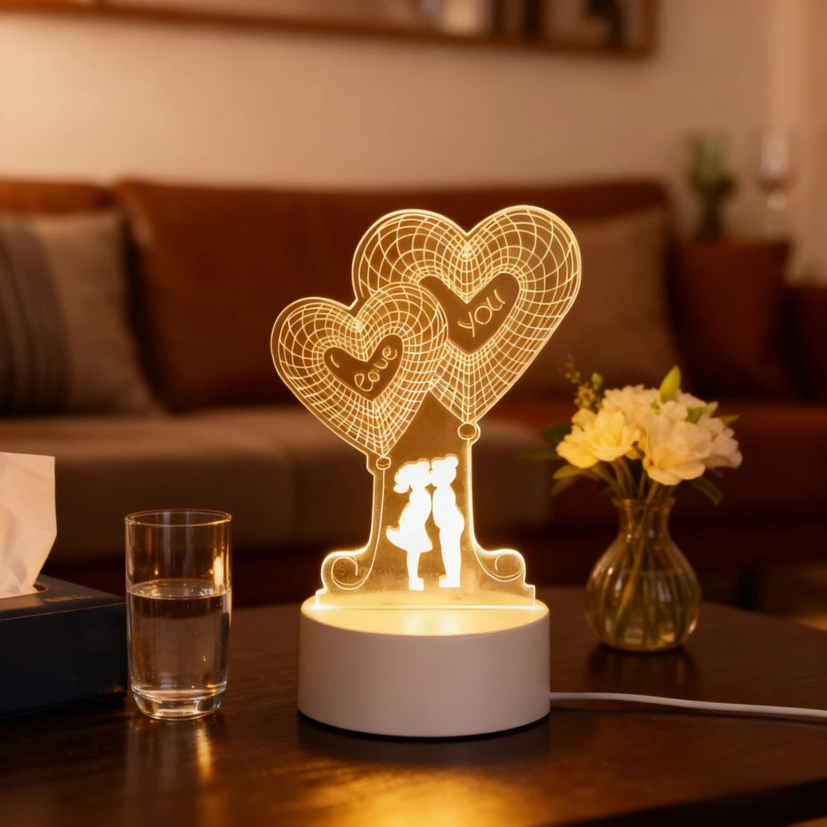 USB alimenté 3D en forme de coeur couple veilleuse vacances cadeau d'anniversaire chambre chevet décoration veilleuse maison nouveauté éclairage