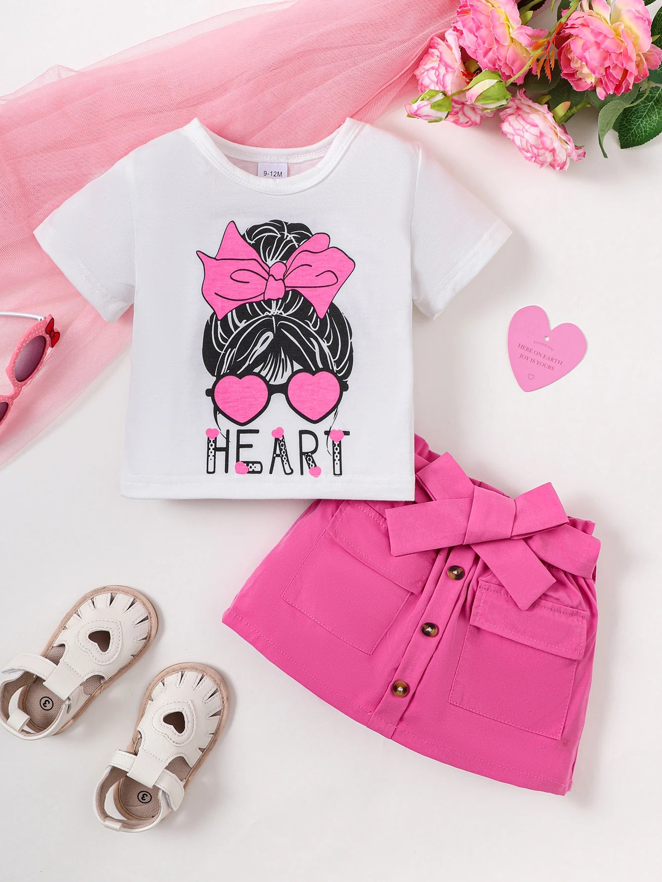 Ensemble Bébé Fille “Heart” – T-shirt + Bas Rose – Été (0–12 mois)