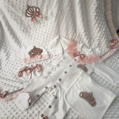 Coffret naissance luxe bébé – Ensemble “Prince & Princesse” sortie d’hôpital en coton brodé (cadeau nouveau-né)