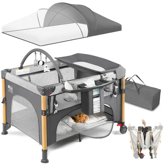Berceau pliable portable 5-en-1 pour bébé – Installation rapide à une main, avec table à langer et matelas