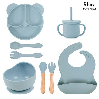 Vaisselle en silicone alimentaire pour bébé – Ensemble repas 8 pièces sans BPA, antidérapant et sécurisé