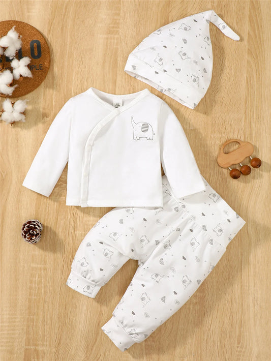 Ensemble Naissance 3 Pièces Unisexe – Coton Peigné, Haut + Pantalon + Bonnet (0–12 mois) – Motif Éléphant