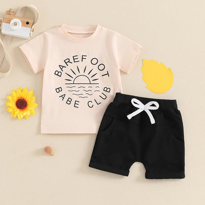 Tenue d'été pour tout-petit garçon, haut à manches courtes avec lettres imprimées soleil et Short à taille élastique, vêtements 2 pièces