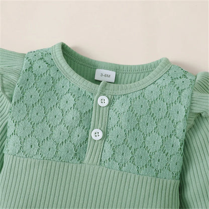 Ensemble Bébé Fille 3 Pièces – Body Manches Longues, Pantalon Fleuri & Bandeau – Printemps & Automne (0–12 mois)