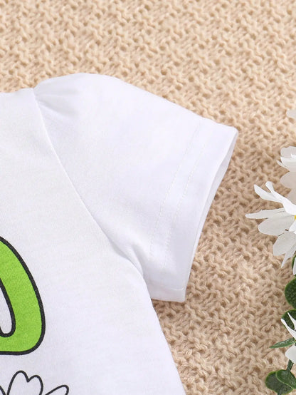 2-piece girls spring/summer fashion cute outdoor casual clothing white knit round neck Daisy print T-shirt + green pleated skirt