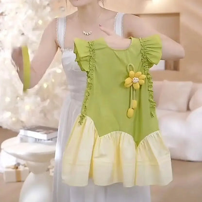 Robe Fille Fleur 3D – Vert & Crème, Style Bohème (4–6 ans)