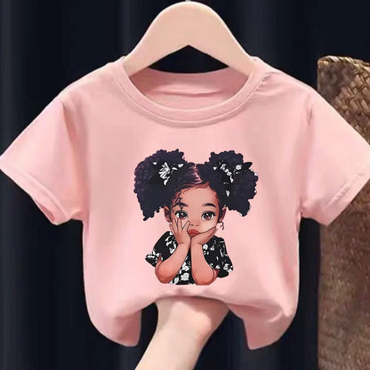 Girls' Summer Crew-neck Short-sleeved Top New Black Girls' Print Top Kids Clothes  Boys Girls Clothes
