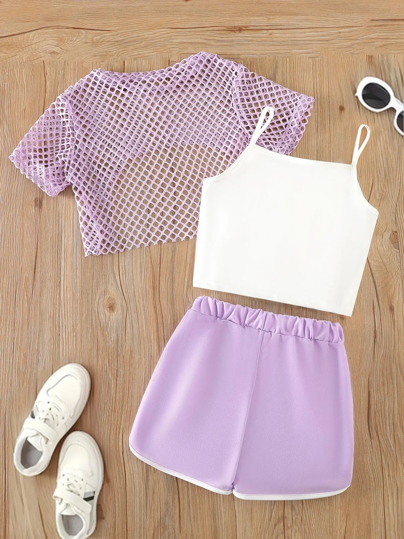 Ensemble 3 pièces d’été fille – Top mesh + Débardeur + Jupe/Short (7–13 ans)