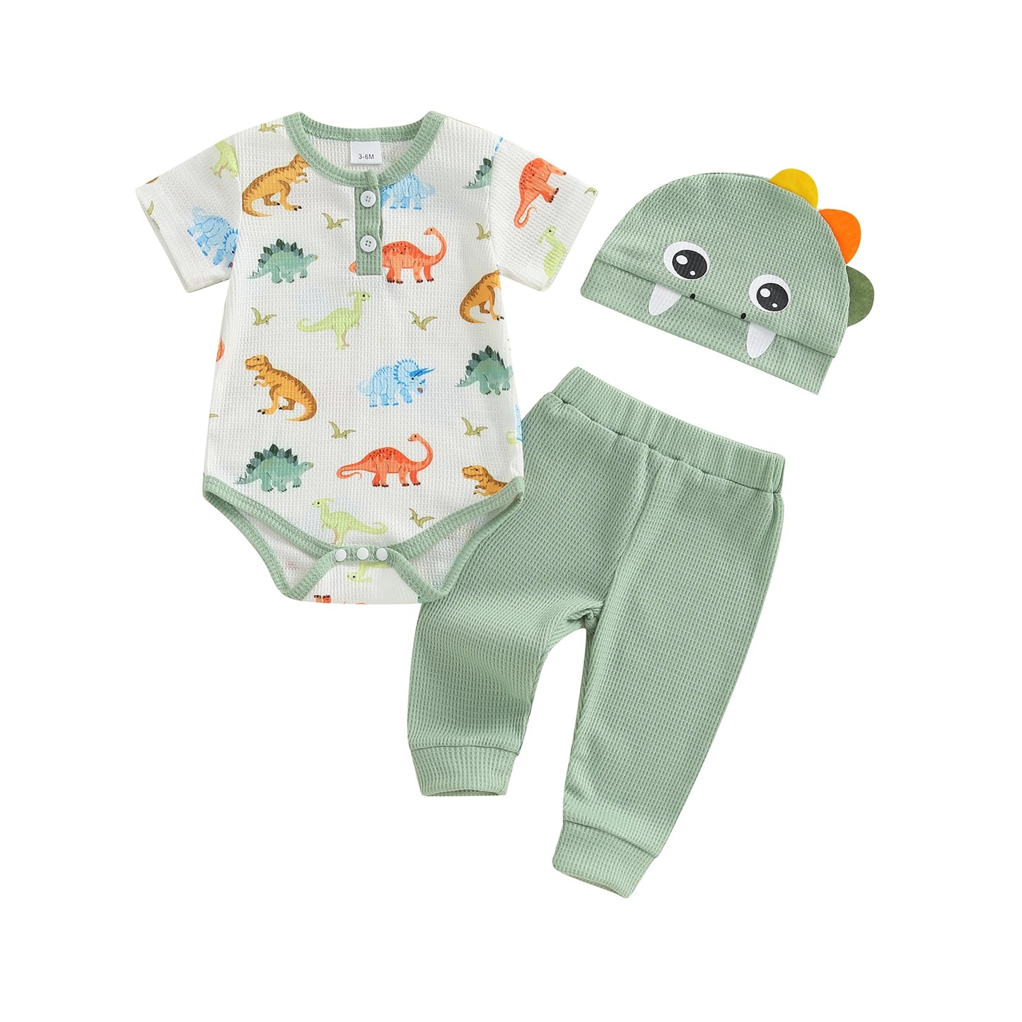Ensemble bébé garçon été 3 pièces – Barboteuse manches courtes imprimée + pantalon uni + bonnet assorti