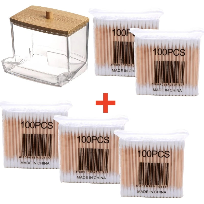 Boîte de rangement pour coton-tige, Double tête en bois pour bébé, couverture carrée transparente en bambou, organisateur de cure-dents pour coton-tige