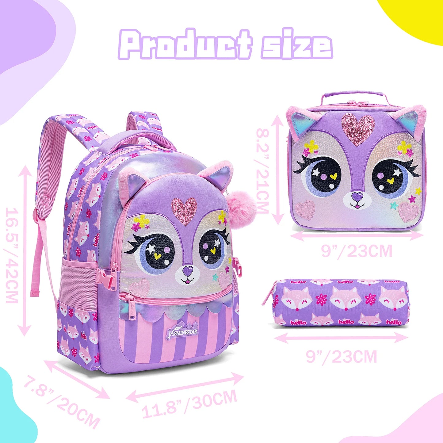 Ensemble sac à dos scolaire 3 pièces pour fille (8–10 ans) – Sac, lunch et trousse assortis
