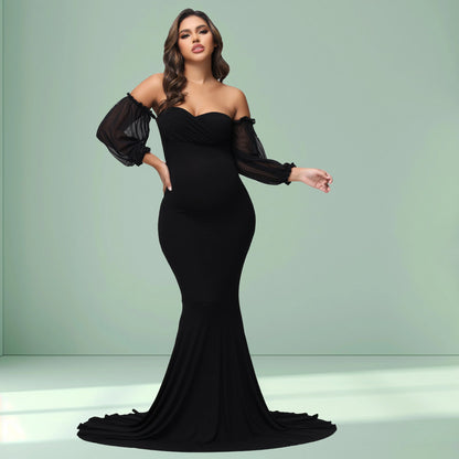 Robe Maternité Élégance Studio – Manches Bouffantes & Silhouette Sirène