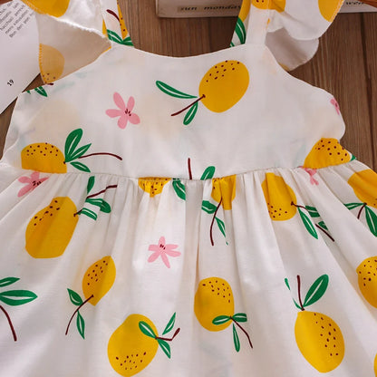 Ensemble Été Bébé Fille 2 Pièces – Robe à Bretelles Imprimé Fruits & Chapeau Assorti