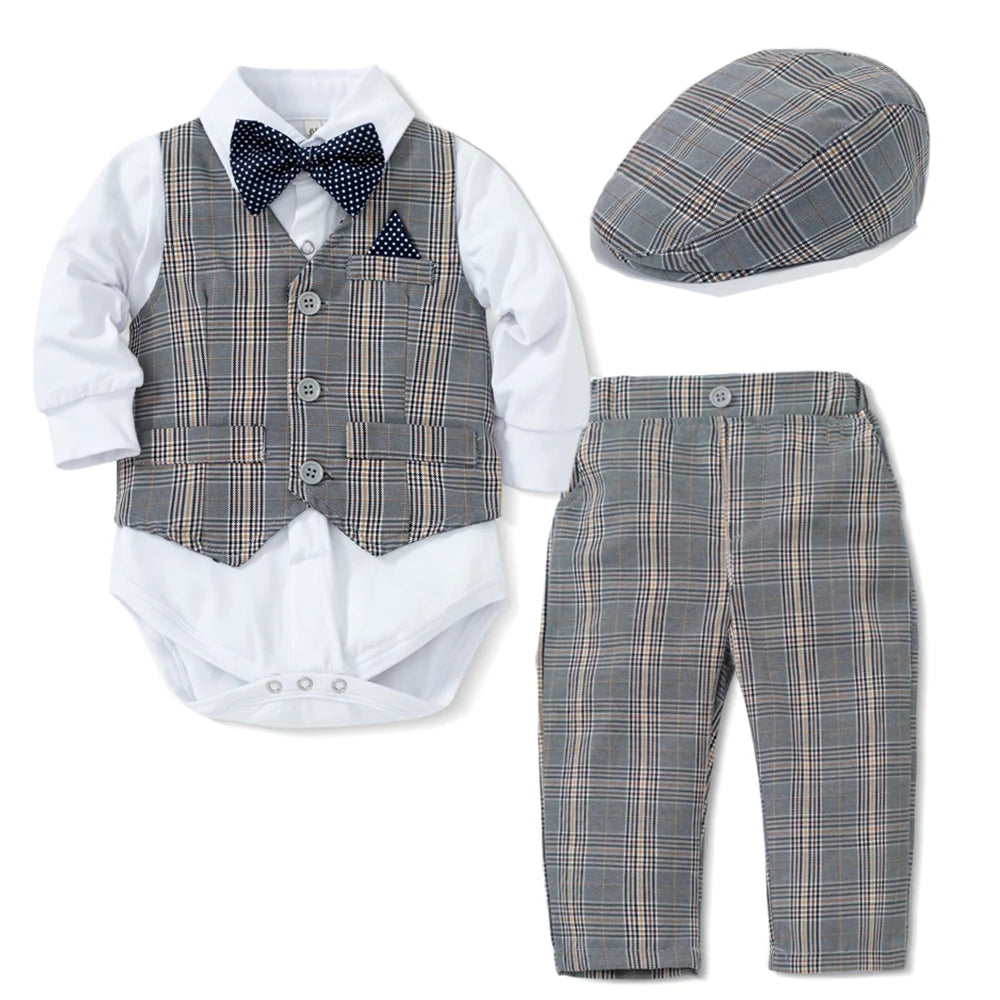 Costume pour bébé garçon, gilet à carreaux, chapeau, ensemble de 1er anniversaire, barboteuse à manches longues, tenue d'automne, vêtements pour nouveau-né de 3 à 24 mois