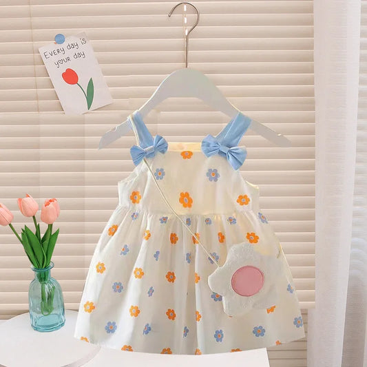 Ensemble Bébé Fille 2 Pièces – Robe d’Été à Bretelles Nœud + Petit Sac (0–12 mois)