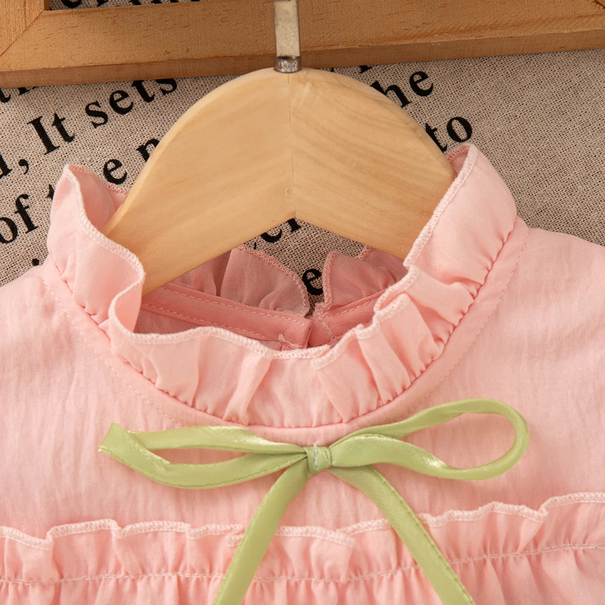 Robe d’été bébé fille rose – Mousseline légère style coréen avec nœud floral