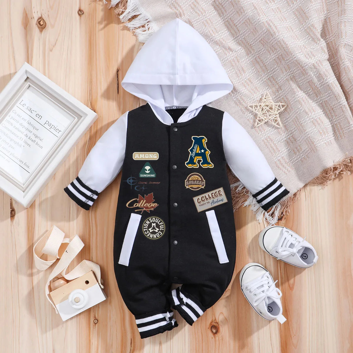 IURNXB bébé garçons filles barboteuse à capuche Baseball à manches longues infantile Onesie tenues de plage nouveau-né sweat vêtements combinaison 0-18M