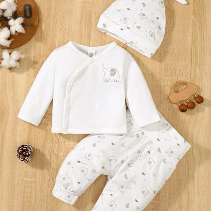 Ensemble Naissance 3 Pièces Unisexe – Coton Peigné, Haut + Pantalon + Bonnet (0–12 mois) – Motif Éléphant