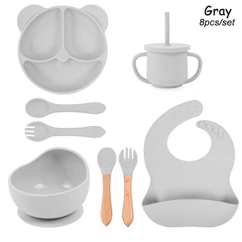Vaisselle en silicone alimentaire pour bébé – Ensemble repas 8 pièces sans BPA, antidérapant et sécurisé