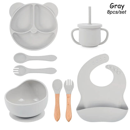 Vaisselle en silicone alimentaire pour bébé – Ensemble repas 8 pièces sans BPA, antidérapant et sécurisé