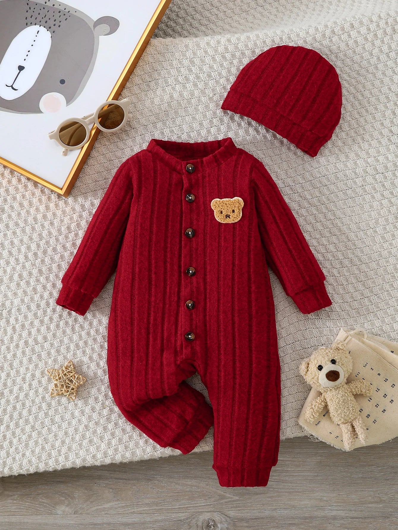 Ensemble bébé hiver tricoté 2 pièces – Combinaison avec ours + bonnet