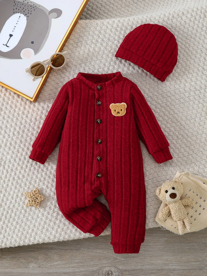 Ensemble bébé hiver tricoté 2 pièces – Combinaison avec ours + bonnet