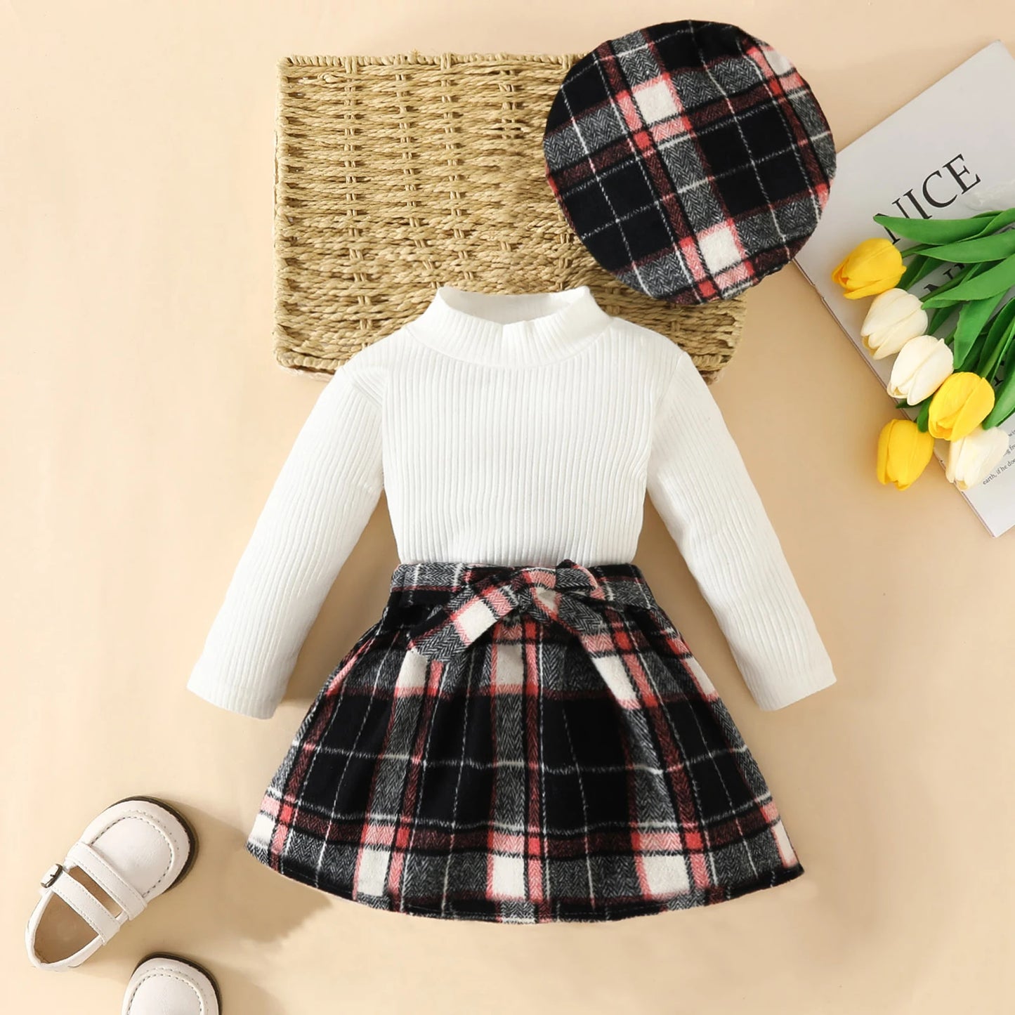 Ensemble bébé fille automne 2 pièces – Haut à manches longues & jupe à carreaux avec béret assorti (6 mois à 3 ans)