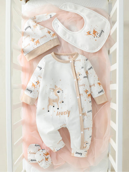 Ensemble bébé fille 4 pièces pastel à manches longues – Motif cerf – Toutes saisons
