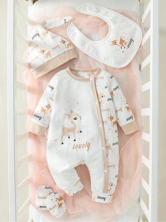 Ensemble bébé fille 4 pièces pastel à manches longues – Motif cerf – Toutes saisons