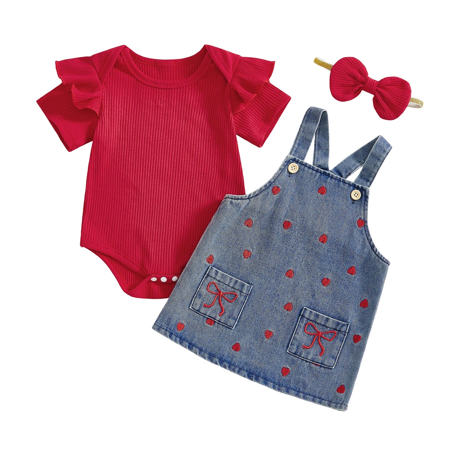 Ensemble bébé fille Saint-Valentin – 3 pièces romantiques avec barboteuse à volants (0 à 24 mois)