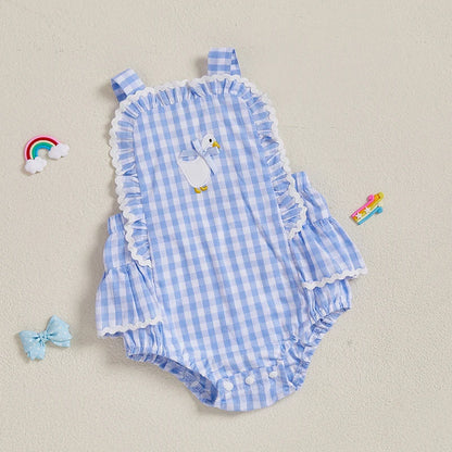 BeQeuewll été bébé fille body salopette douce sans manches Plaid broderie canard barboteuse mignon nœud dos nu nouveau-né vêtements