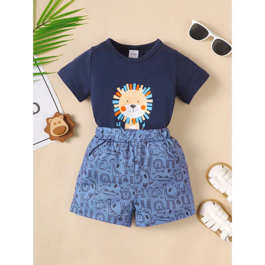 Ensemble d’été bébé garçon 2 pièces (3 à 18 mois) – Body manches courtes et short imprimé lion