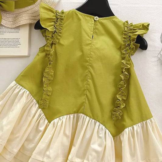 Robe Fille Fleur 3D – Vert & Crème, Style Bohème (4–6 ans)