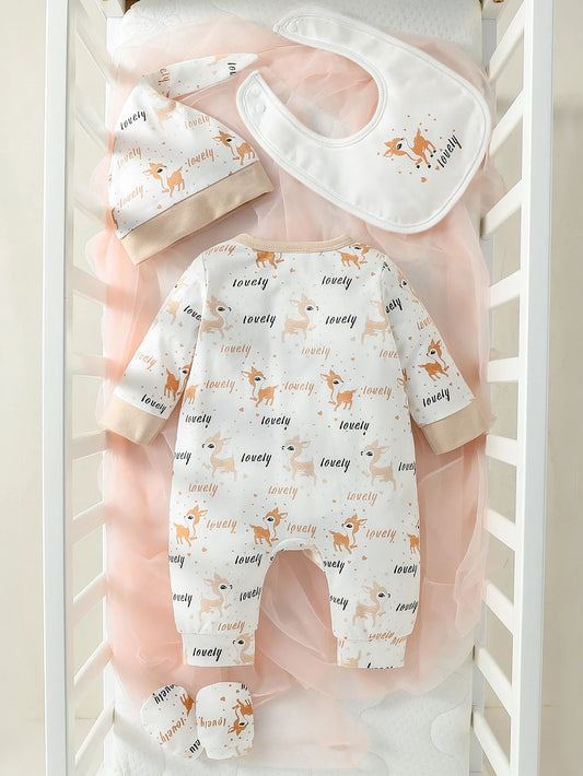 Ensemble bébé fille 4 pièces pastel à manches longues – Motif cerf – Toutes saisons