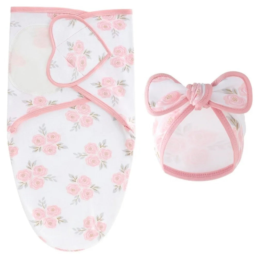 Ensemble naissance bébé 3 pièces – Couverture d’emmaillotage + bonnet à nœud papillon + moufles assorties