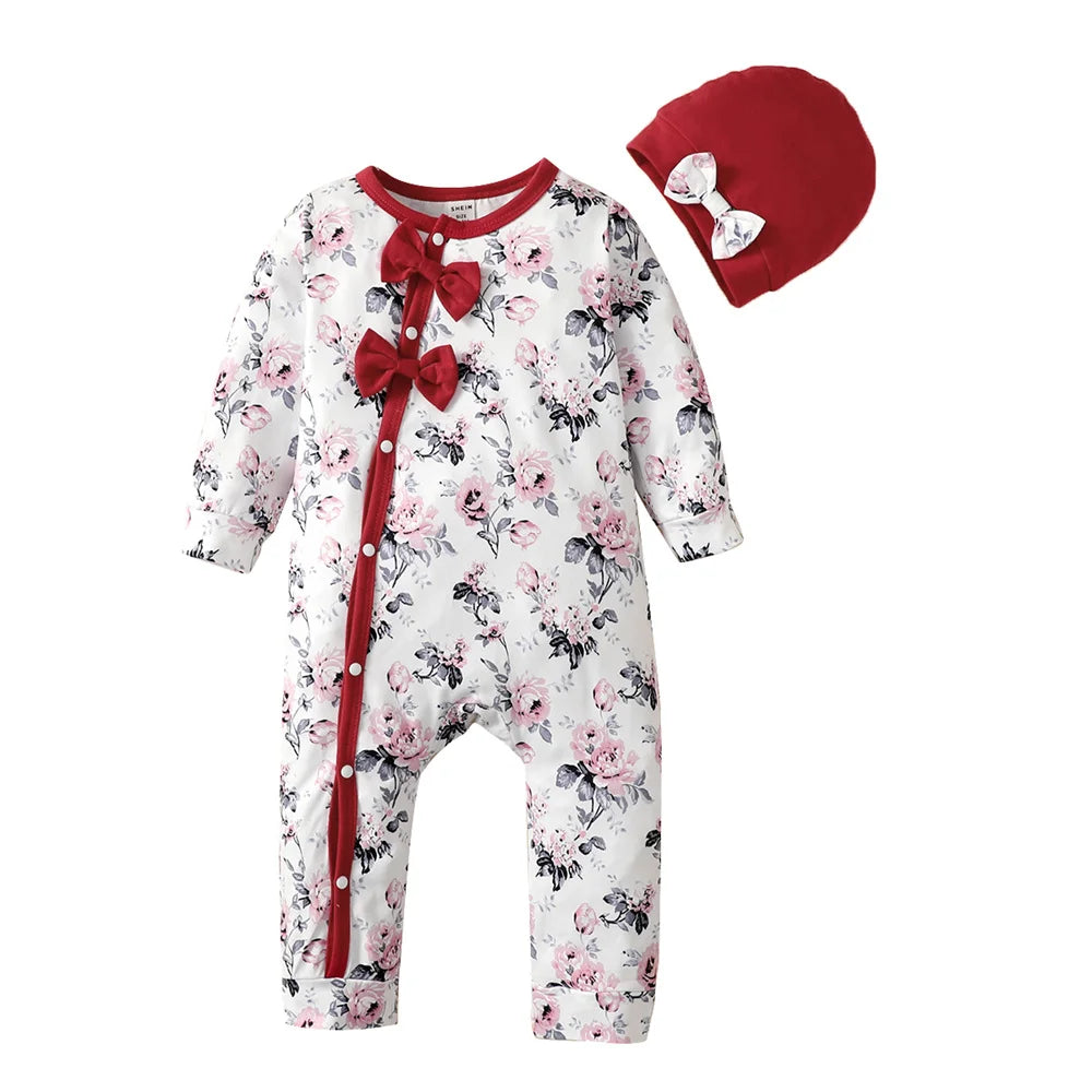 Grenouillère Bébé Fille Fleurie – Manches Longues, Nœud Chic | 0–18 Mois
